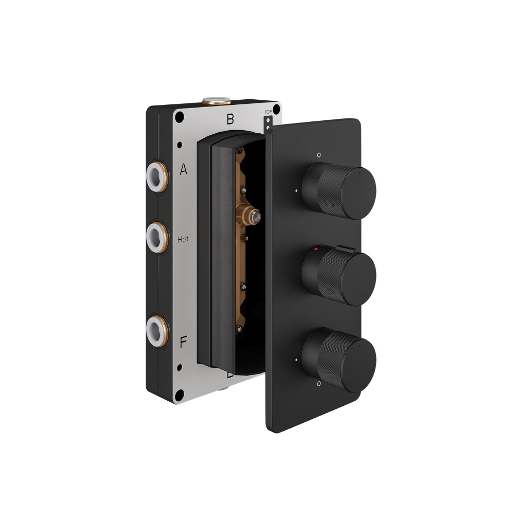 Product Cut out image of the Abacus Iso Pro Matt Black 3 Outlet 3 Handle Thermostatic Shower Valve